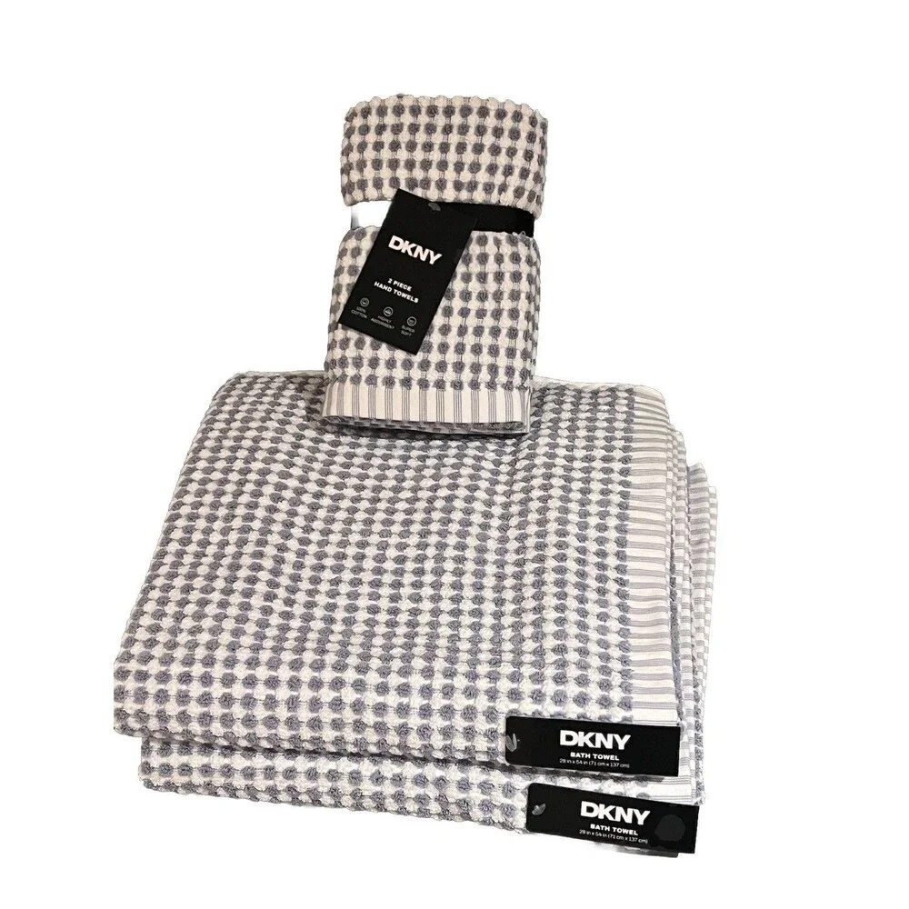 DKNY Light Blue & White Gingham Check Towels 2 Bath & 2 Hand Towels Set Of 4 New